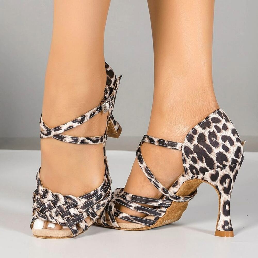 DS Leopard Print Silk Satin Customize Heel Latin Dances Shoes | US 7 | 3.5" Heel